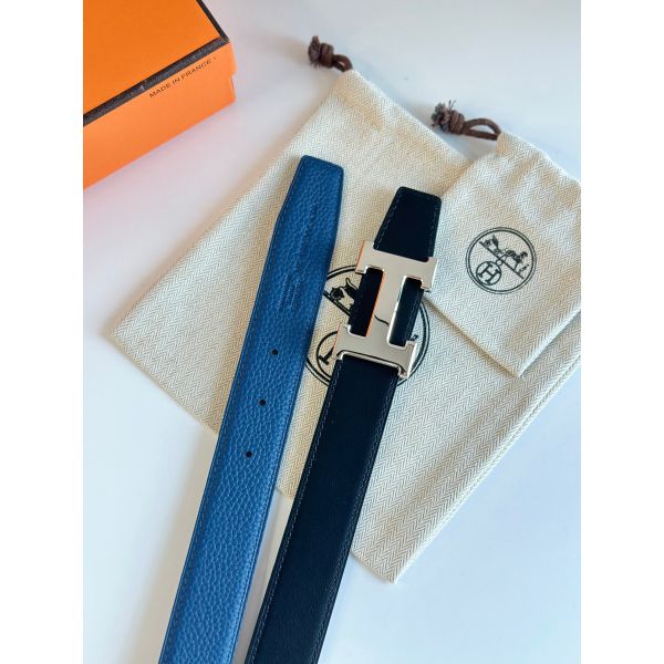 HERM H Reversible Belt 32MM in Blue Clemence Leather