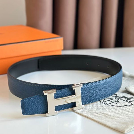 HERM H Reversible Belt 32MM in Blue Clemence Leather
