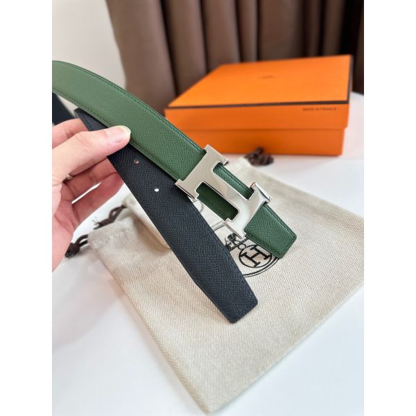 HERM H Reversible Belt 32MM in Black and Green Epsom Leather