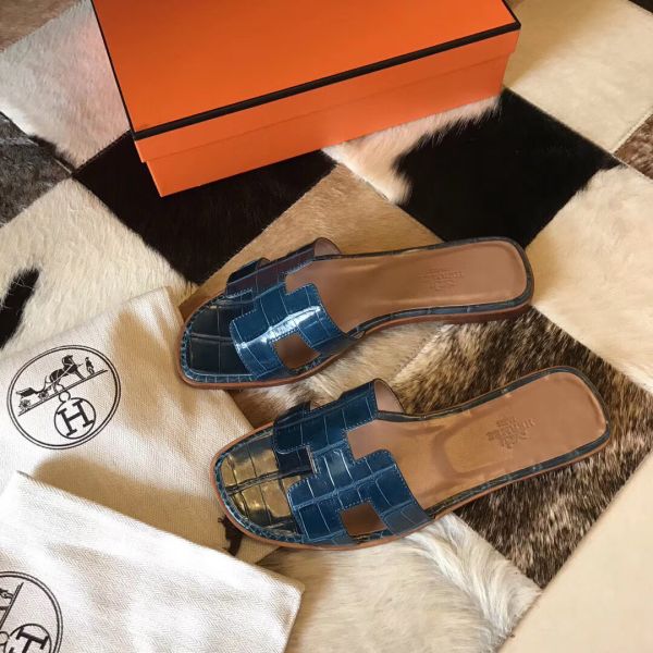 HERM Oran Sandals In Blue Shiny Niloticus Crocodile