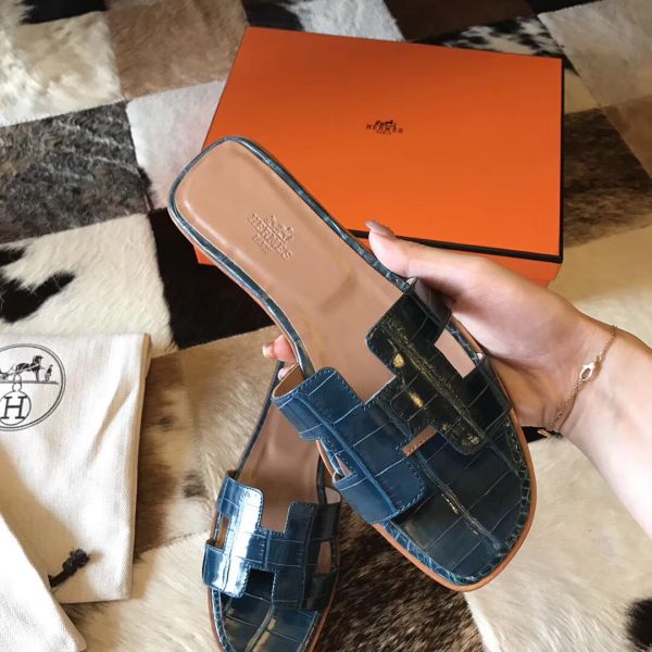 HERM Oran Sandals In Blue Shiny Niloticus Crocodile