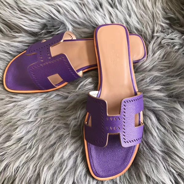 HERM Oran Perforated Sandals In Purple Epsom Leather
