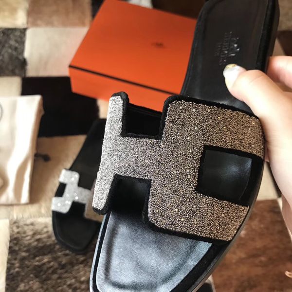 HERM Oran Sandals In Black Suede With Crystal