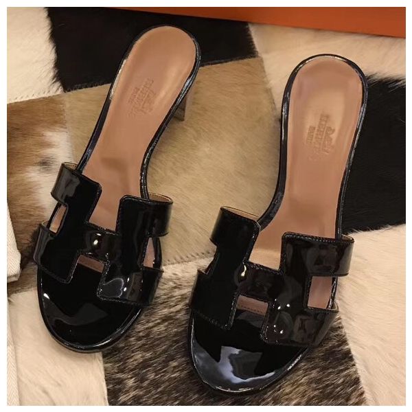 HERM Oasis Sandals In Black Patent Calfskin