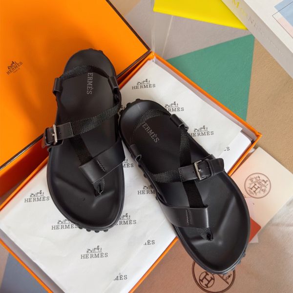 HERM Inboard Sandals in Black Leather and Ribbon