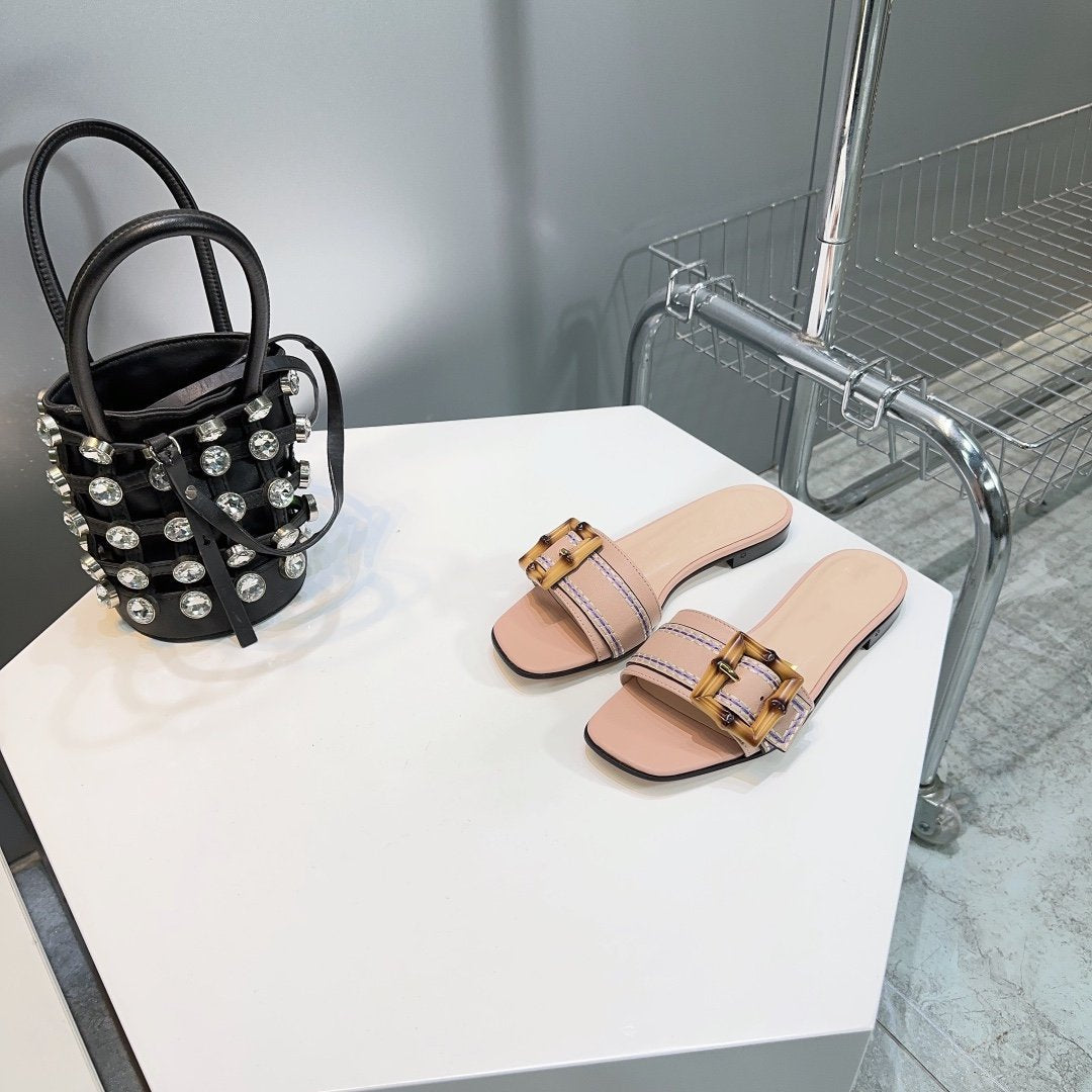 GG BAMBOO BUCKLE FLAT SANDALS BEIGE