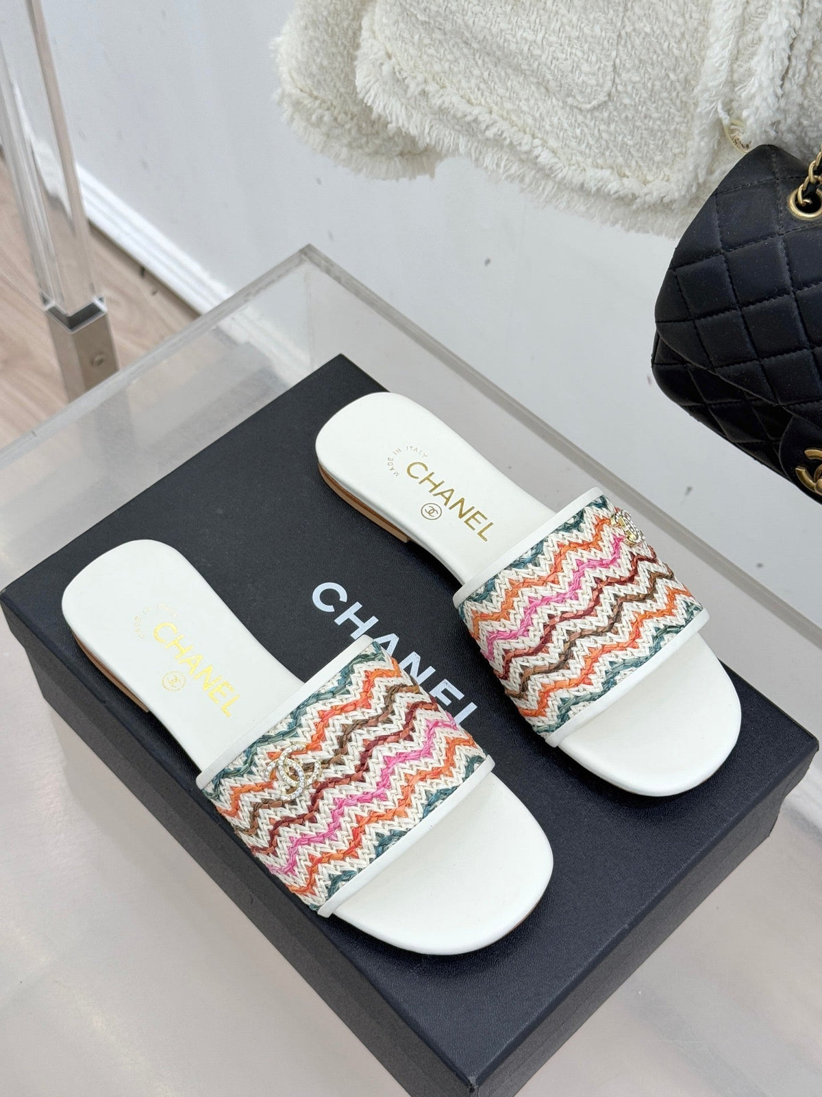 CC 2026 Knitted Double C Flat Slippers Multicolor Woven Sheepskin