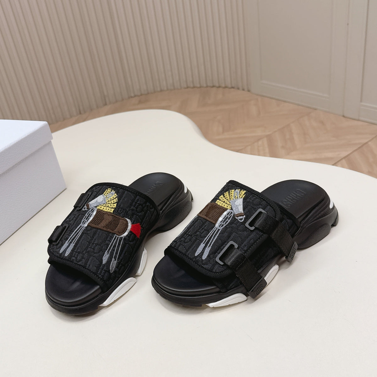 CD 26s  Platform Slippers 35 Black Canvas Lambskin 643808