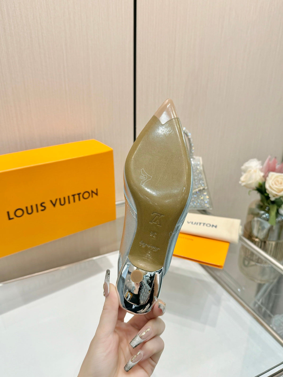 6AM SLINGBACK HIGH HEELS 55 MM IN SILVER LAMBSKIN