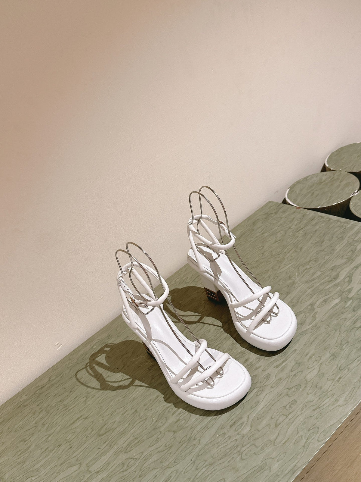 FENDI BAGUETTE HIGH HEELS 85MM IN WHITE LAMBSKIN WITH GOLD HARDWARE