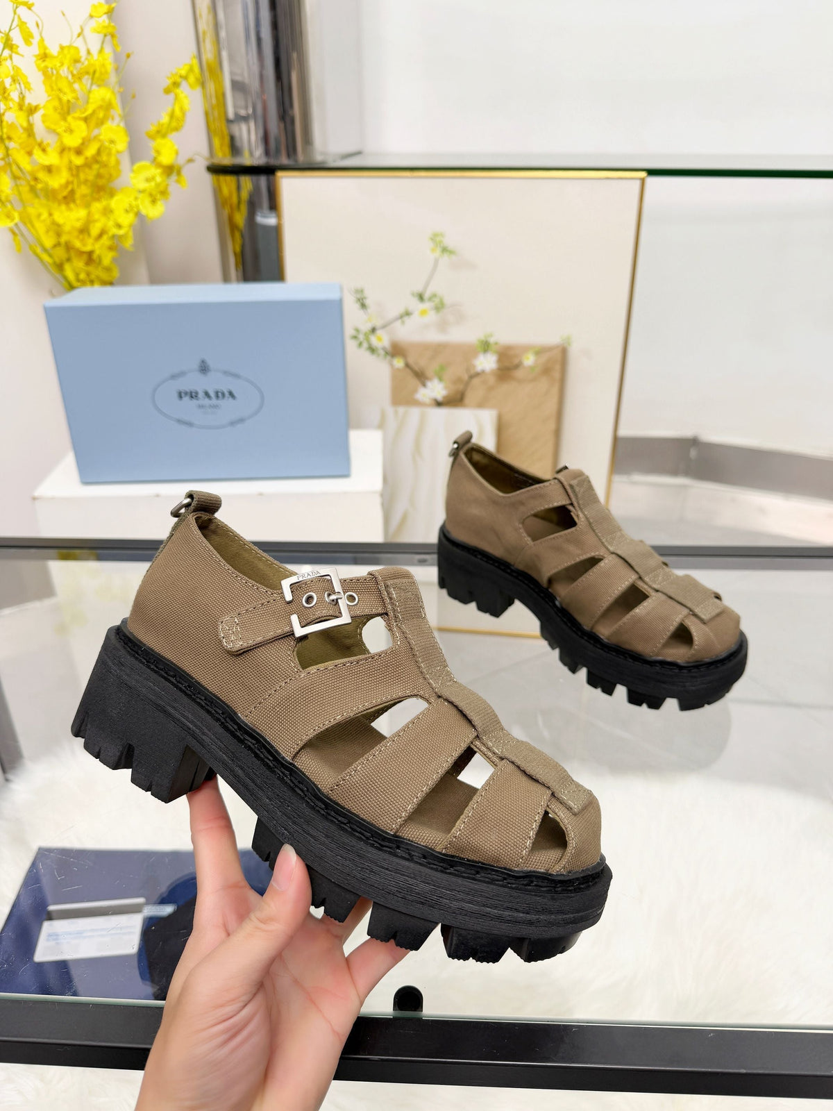 Prada 2026 Sandal Tan Black Fabric Rubber 715625
