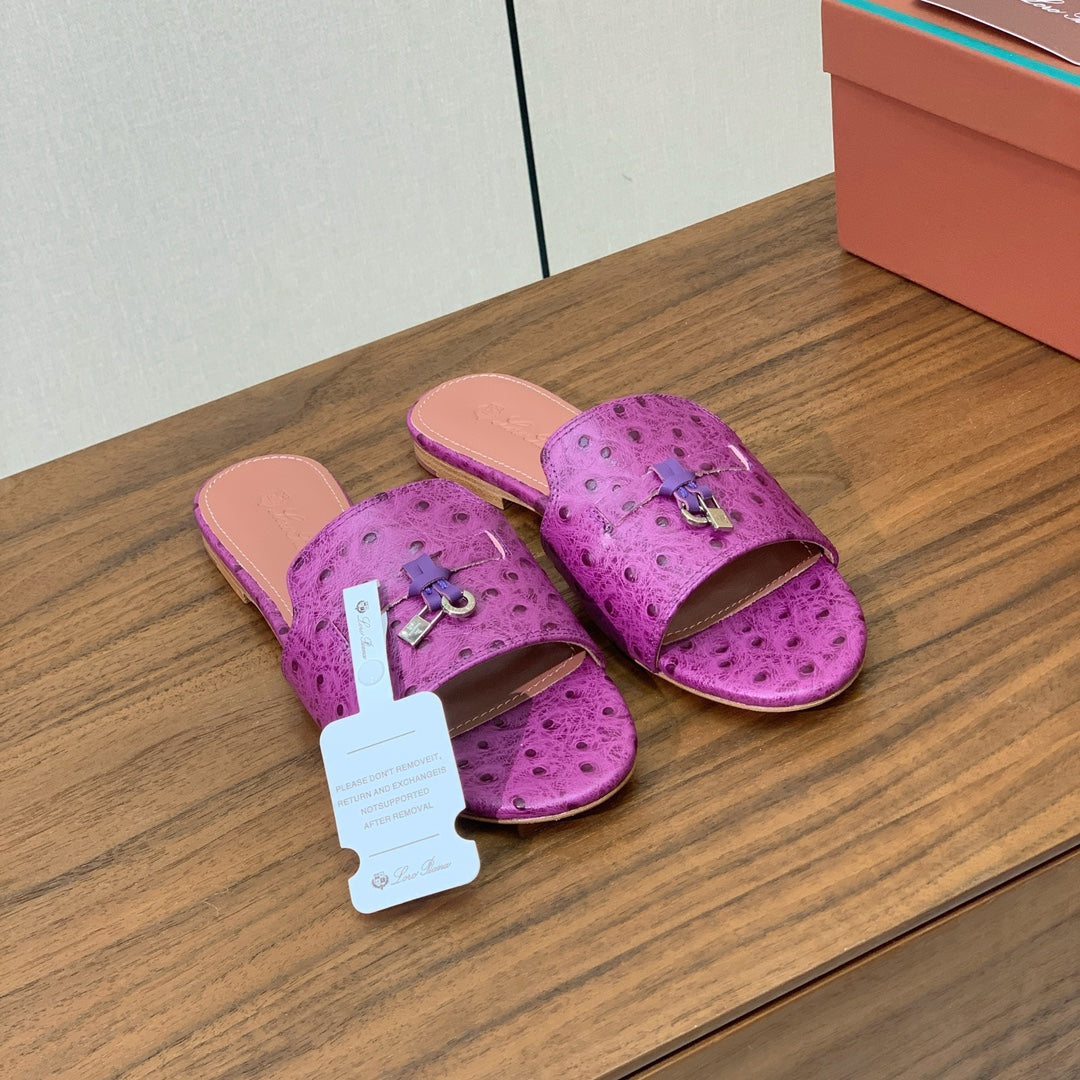 FLAT SLIPPERS IN PURPLE LAMBSKIN OSTRICH SKIN