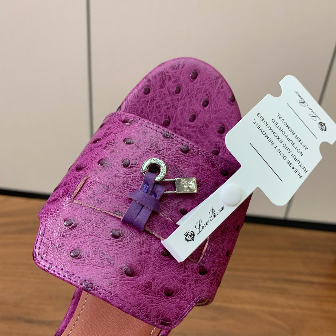 FLAT SLIPPERS IN PURPLE LAMBSKIN OSTRICH SKIN