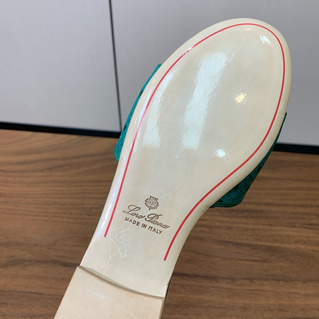 FLAT SLIPPERS IN TEAL GREEN LAMBSKIN OSTRICH SKIN