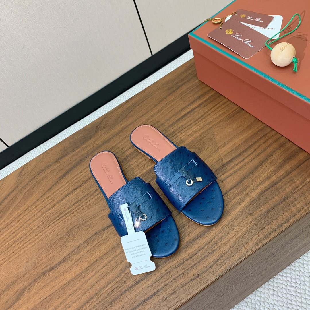 FLAT SLIPPERS IN NAVY BLUE LAMBSKIN OSTRICH SKIN