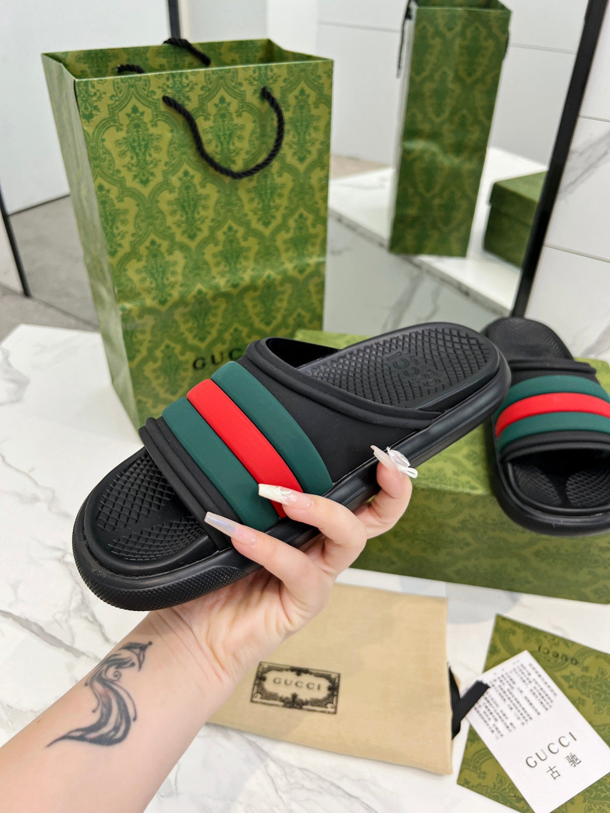 PLATFORM SLIPPERS IN BLACK MIX GREEN AND RED IMPORTED TPU