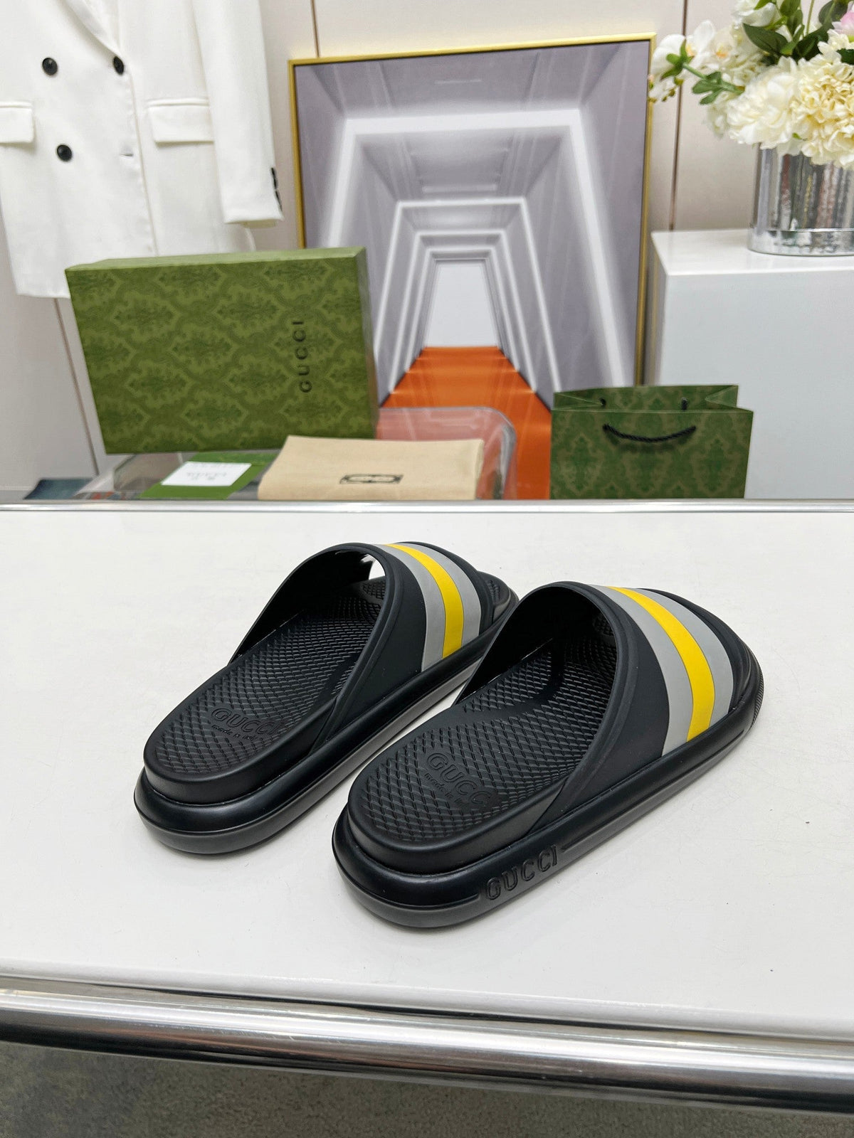 PLATFORM SLIPPERS IN BLACK MIX GRAY AND YELLOW IMPORTED TPU