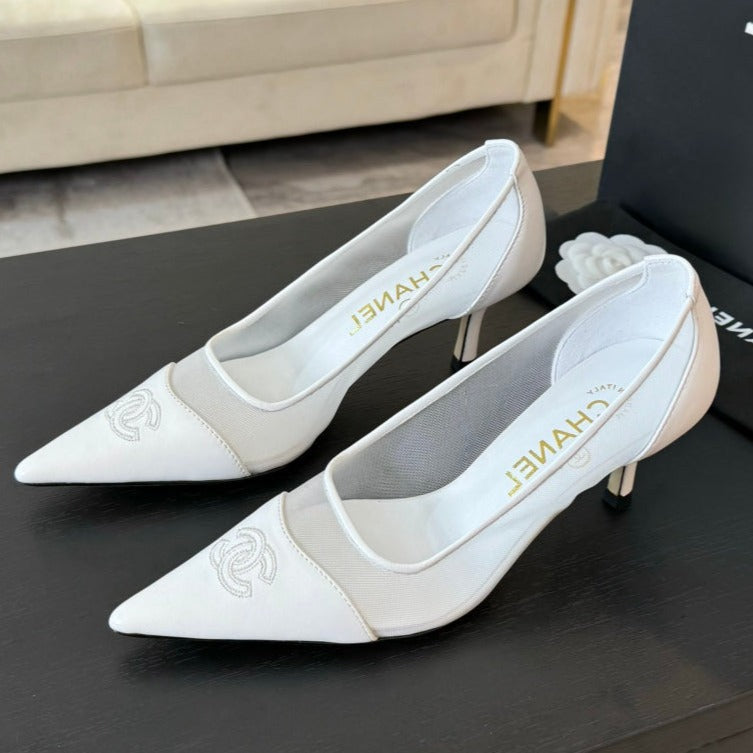MESH LOGO HEELS IN WHITE LAMBSKIN