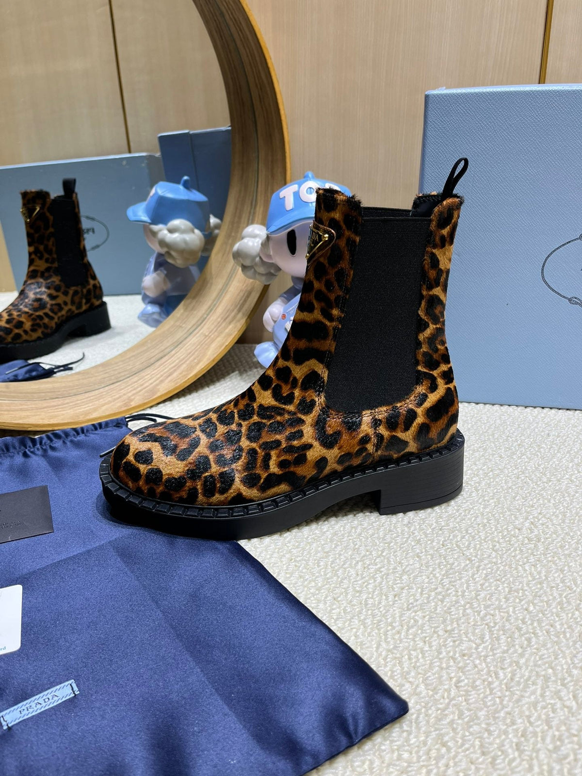 ANKLE BOOTS ATTACHED TRIANGLE LOGO IN LEOPARD PRINT HORSEHAIR