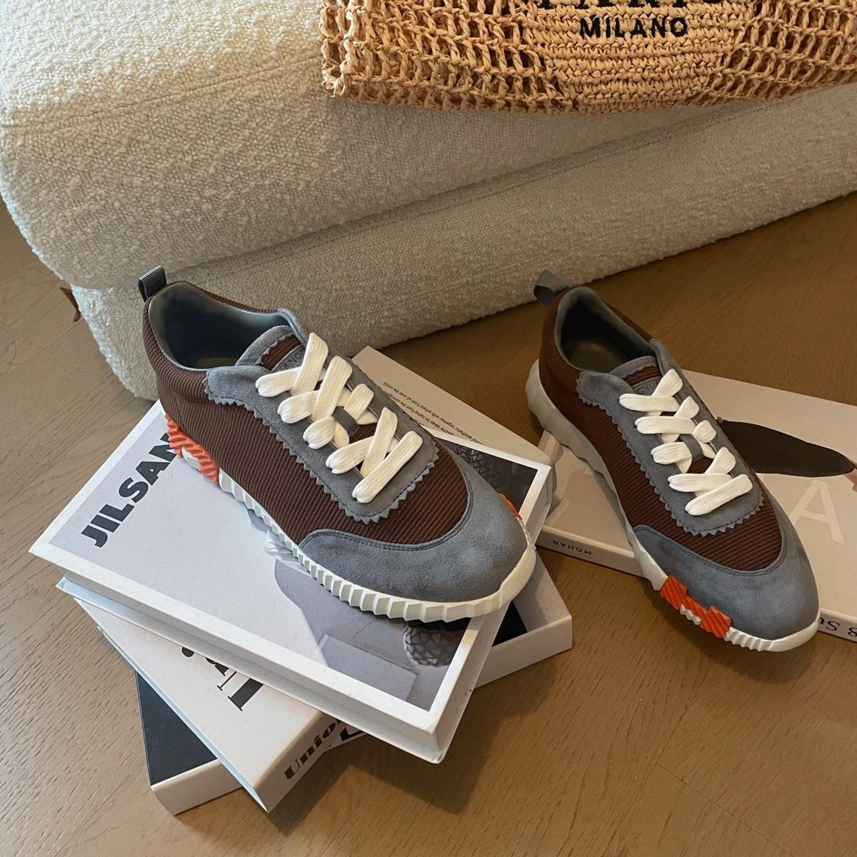 BOUNCING SNEAKERS GRAY MIX BROWN CALFSKIN