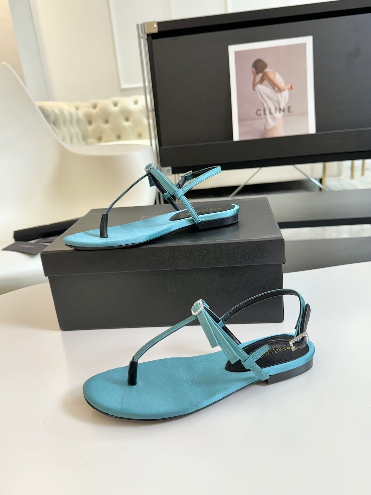 SL Silk Bow T-Strap Flat Sandals Cloud Blue Leather