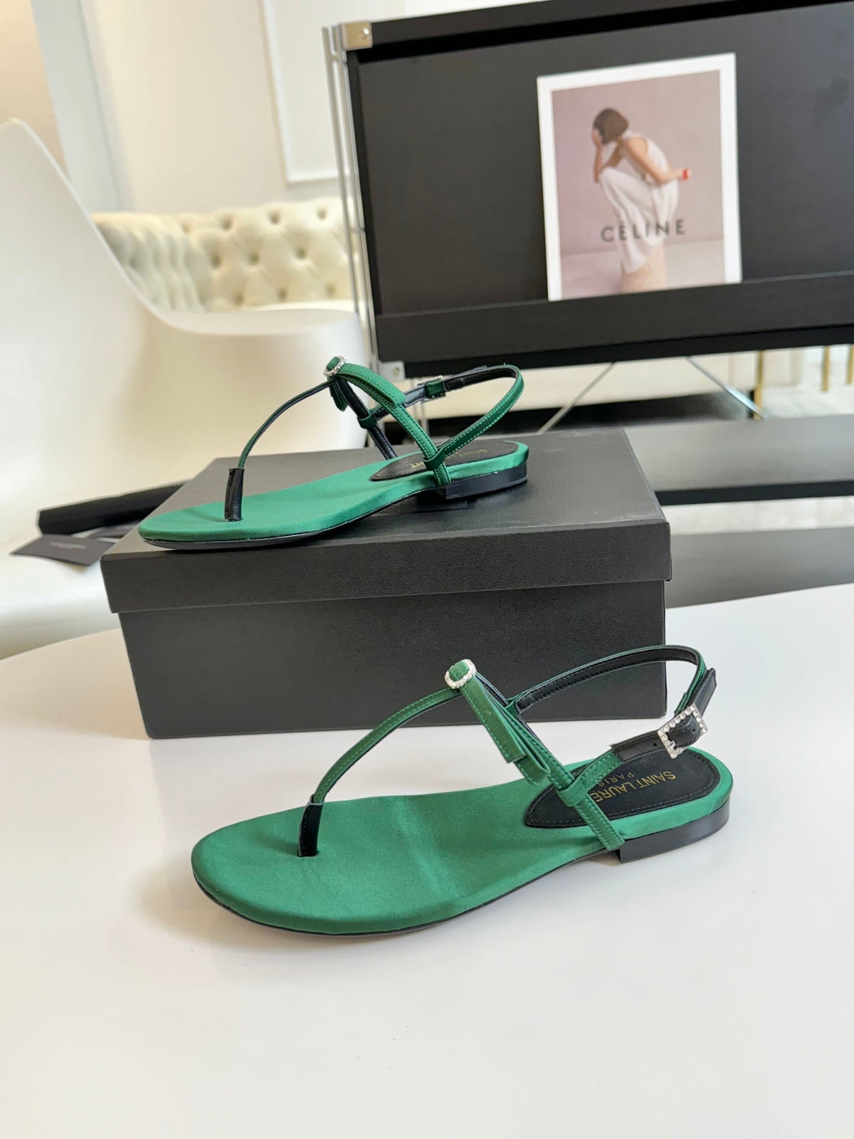 SL Silk Bow T-Strap Flat Sandals Green Leather