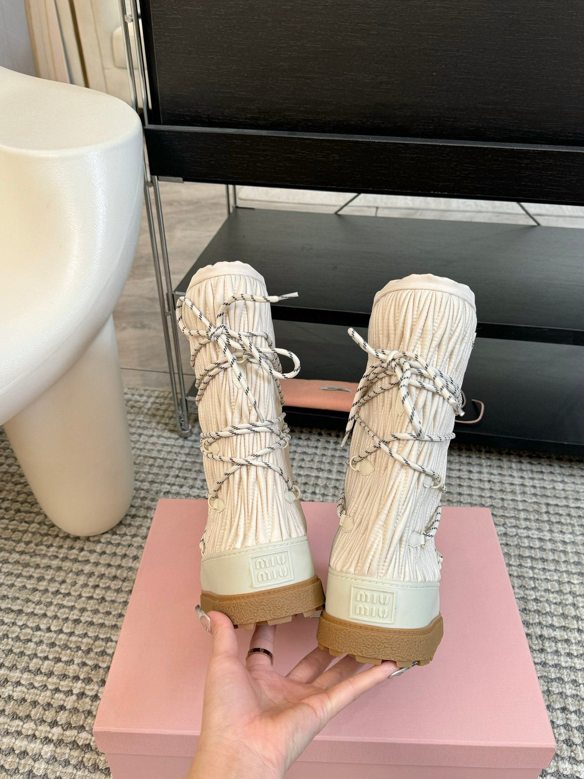 SNOW LONG BOOTS IN COSMIC LATTE WRINKLED NYLON