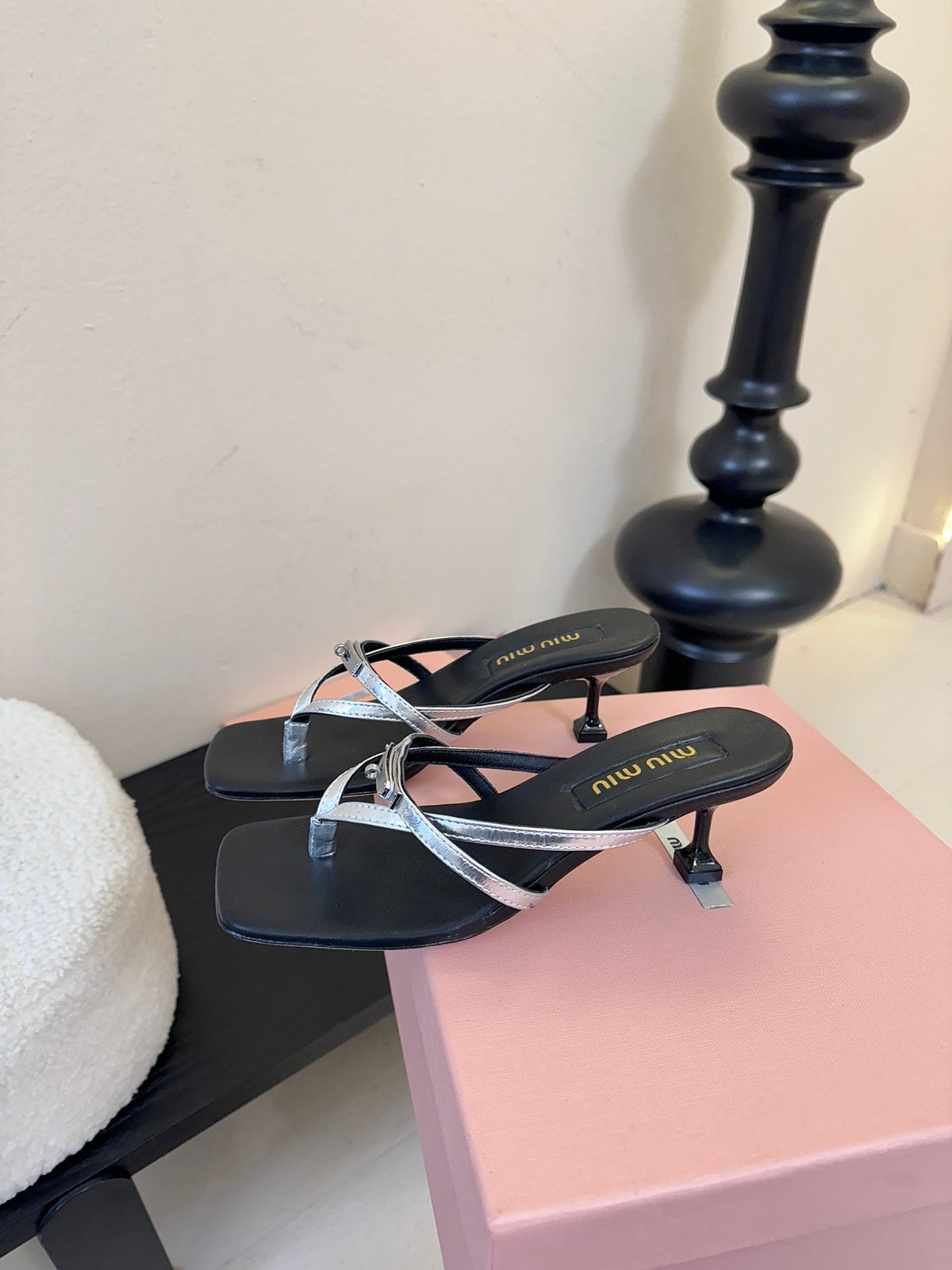 MIU High Heeled Sandals 50 Black Sliver Sheepskin 627365