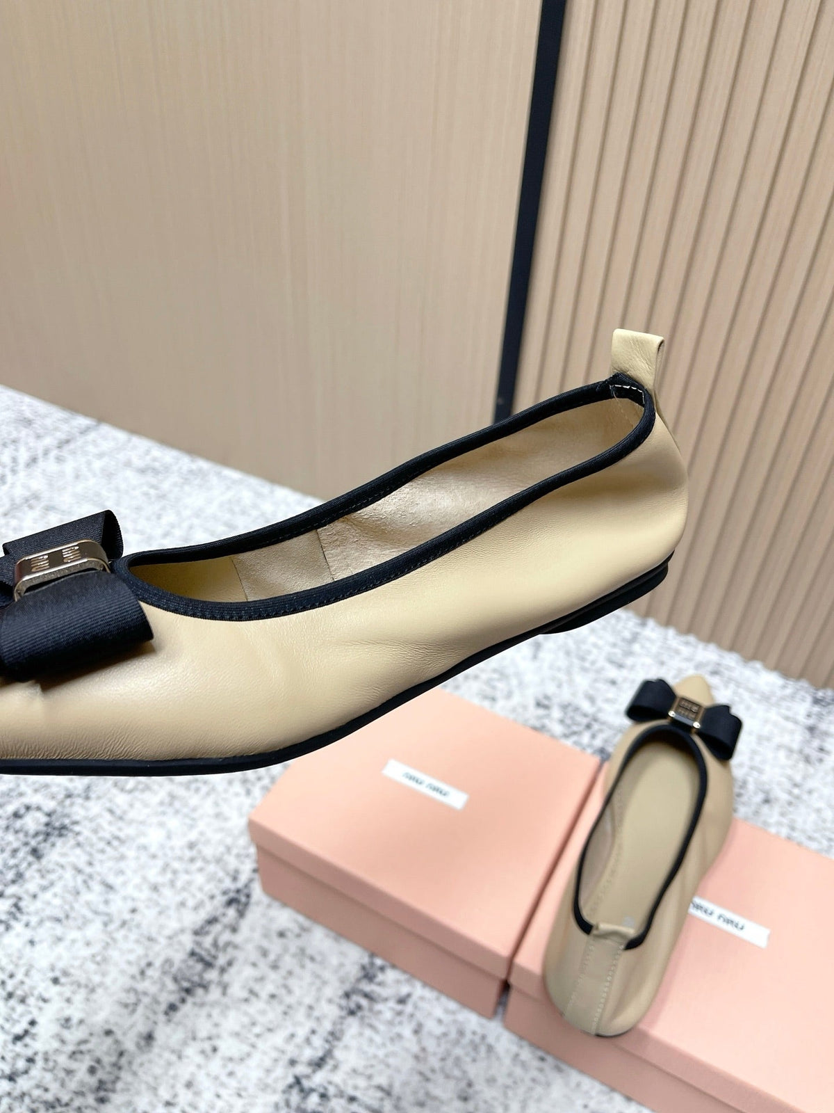 Miu Pointed-Toe Ballet Flats Beige Black Sheepskin 591562