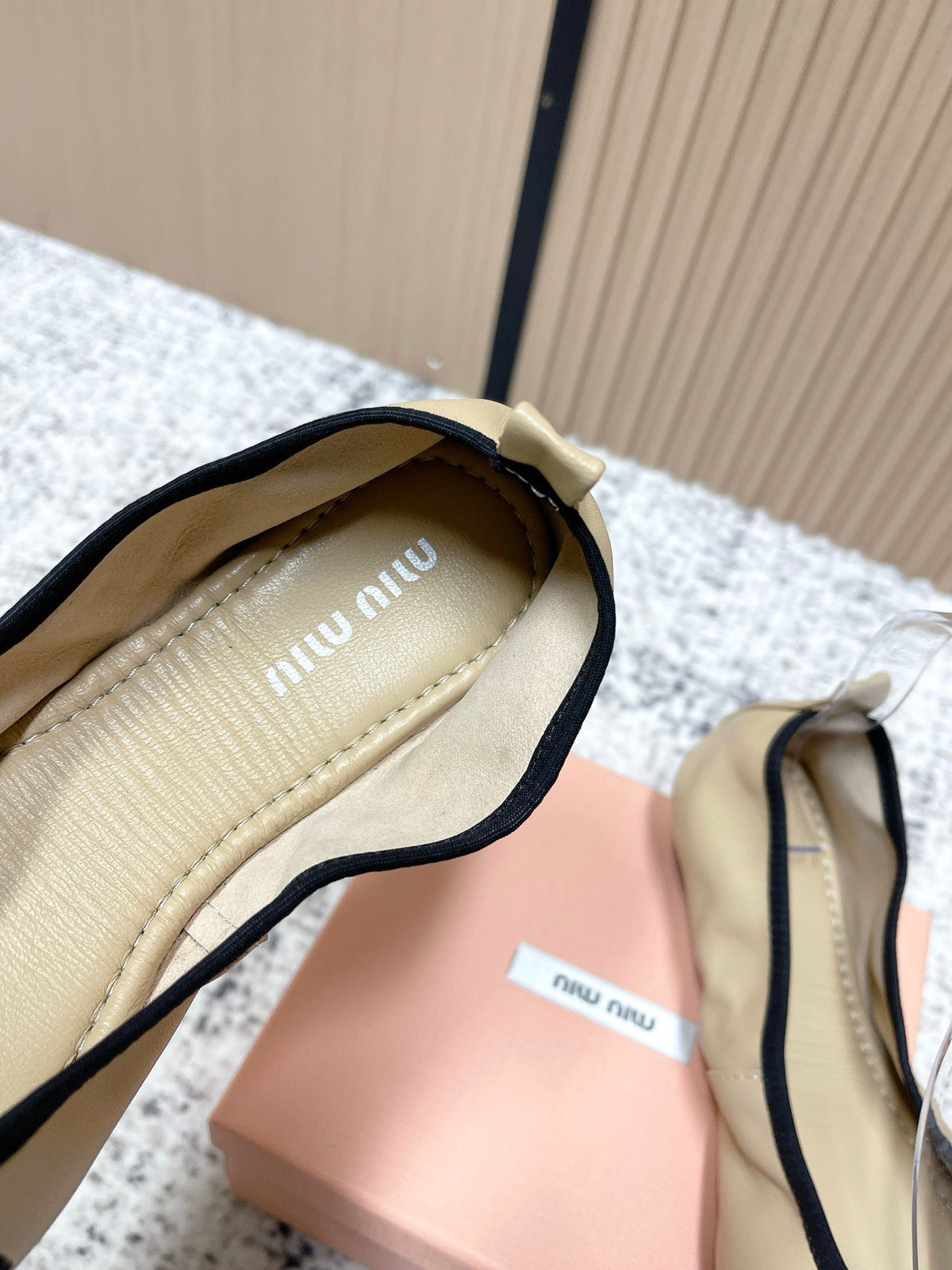 Miu Pointed-Toe Ballet Flats Beige Sheepskin 591569