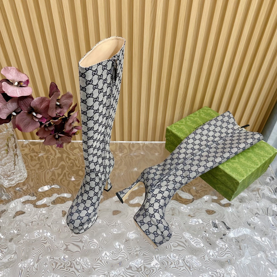 PLATFORM KNEE BOOTS IN LIGHT GRAY MONOGRAM CANVAS AND SHEEPSKIN LINING