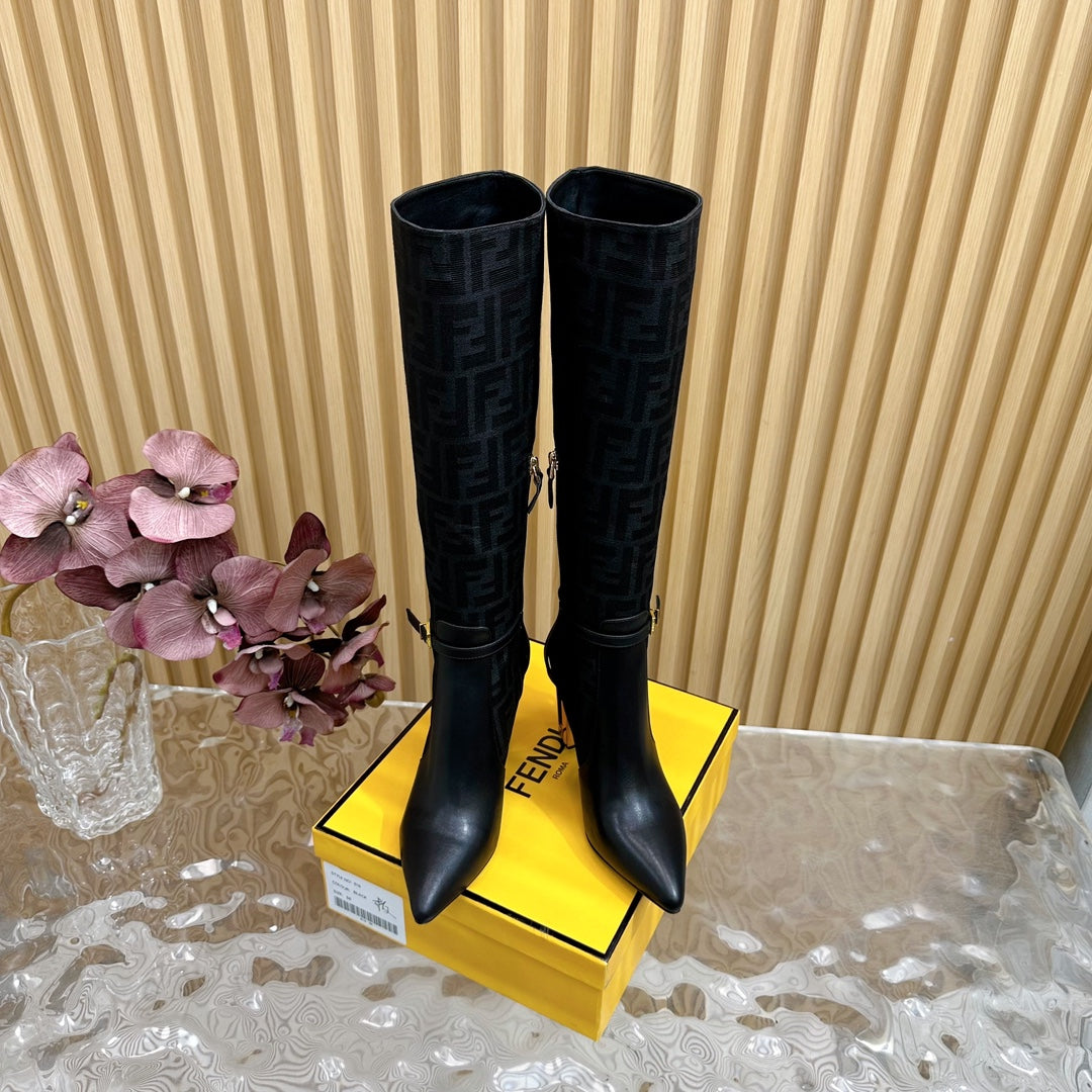 FF BOOTIES HIGH BOOTS IN BLACK CALFSKIN AND MONOGRAM FF FABRIC