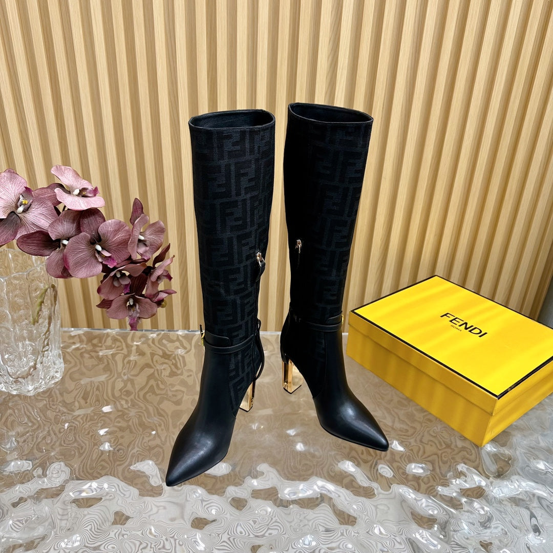 FF BOOTIES HIGH BOOTS IN BLACK CALFSKIN AND MONOGRAM FF FABRIC