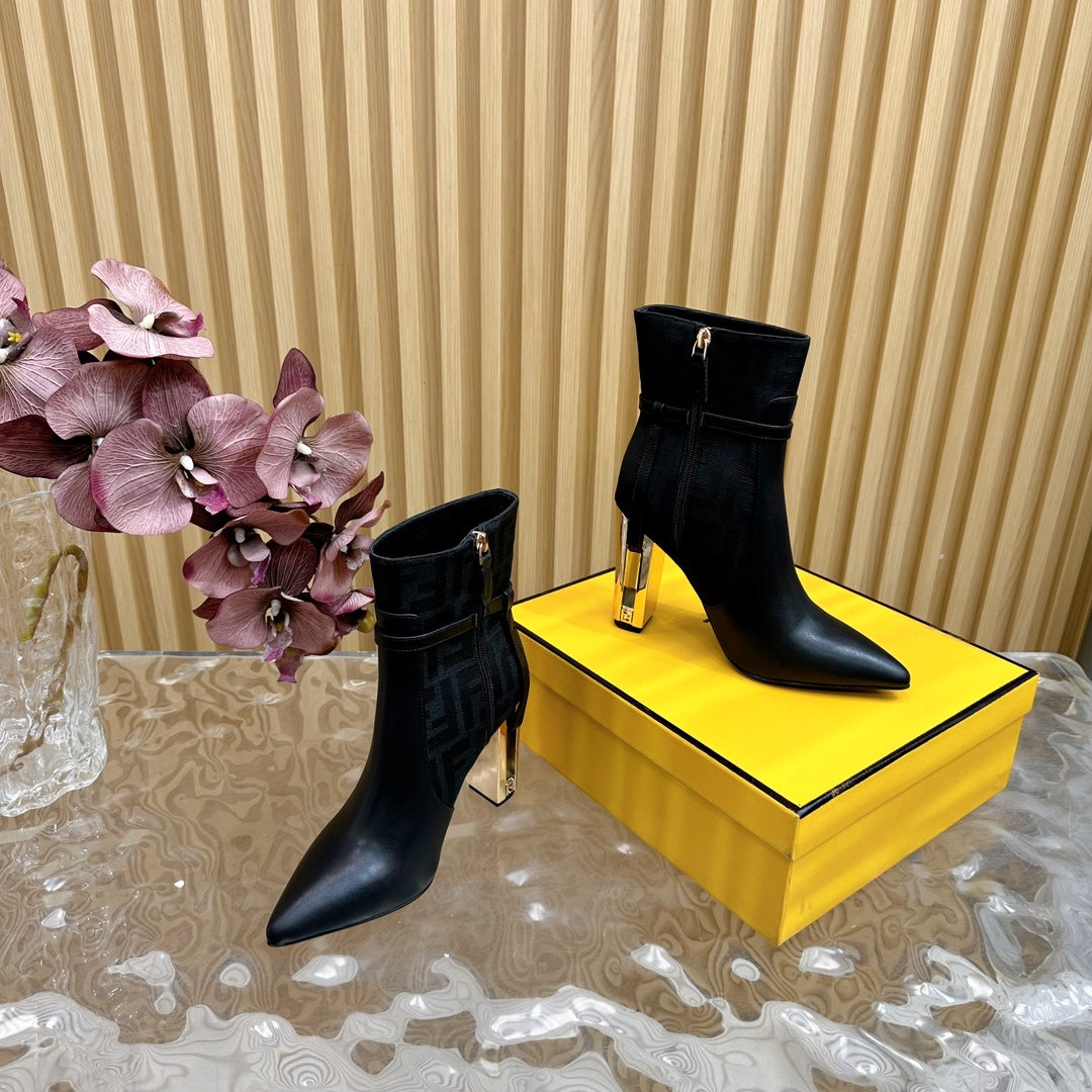 FF BOOTIES BOOTS IN BLACK CALFSKIN AND MONOGRAM FF FABRIC