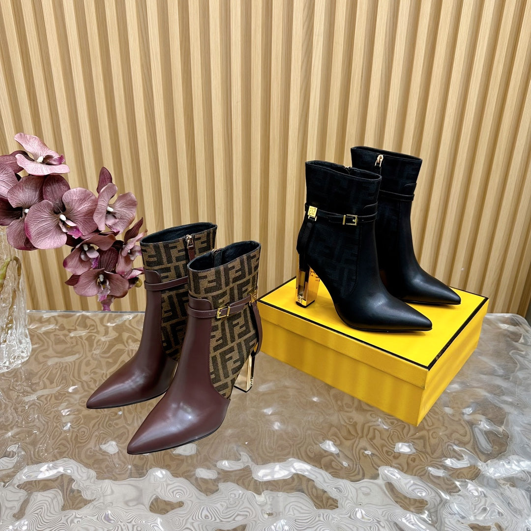 FF BOOTIES BOOTS IN BLACK CALFSKIN AND MONOGRAM FF FABRIC