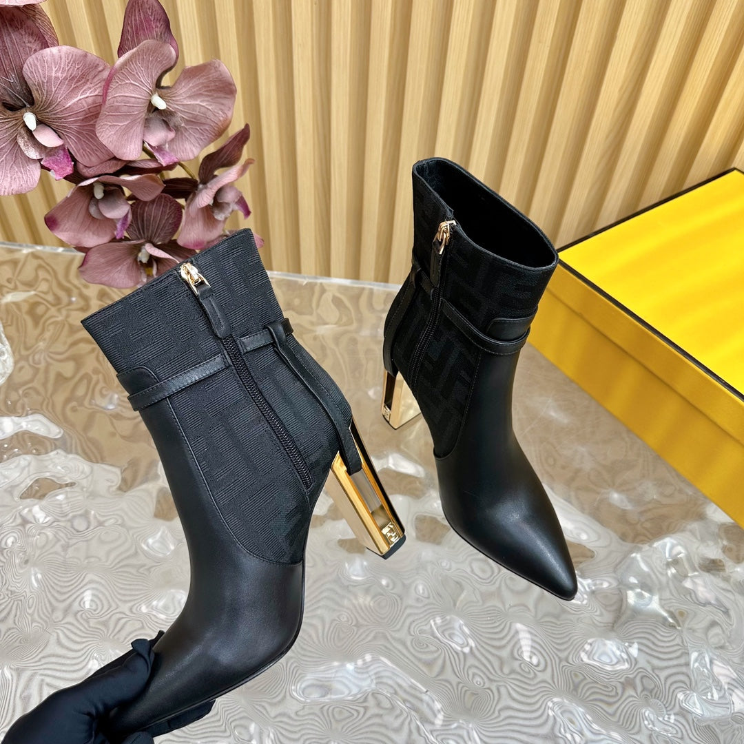 FF BOOTIES BOOTS IN BLACK CALFSKIN AND MONOGRAM FF FABRIC