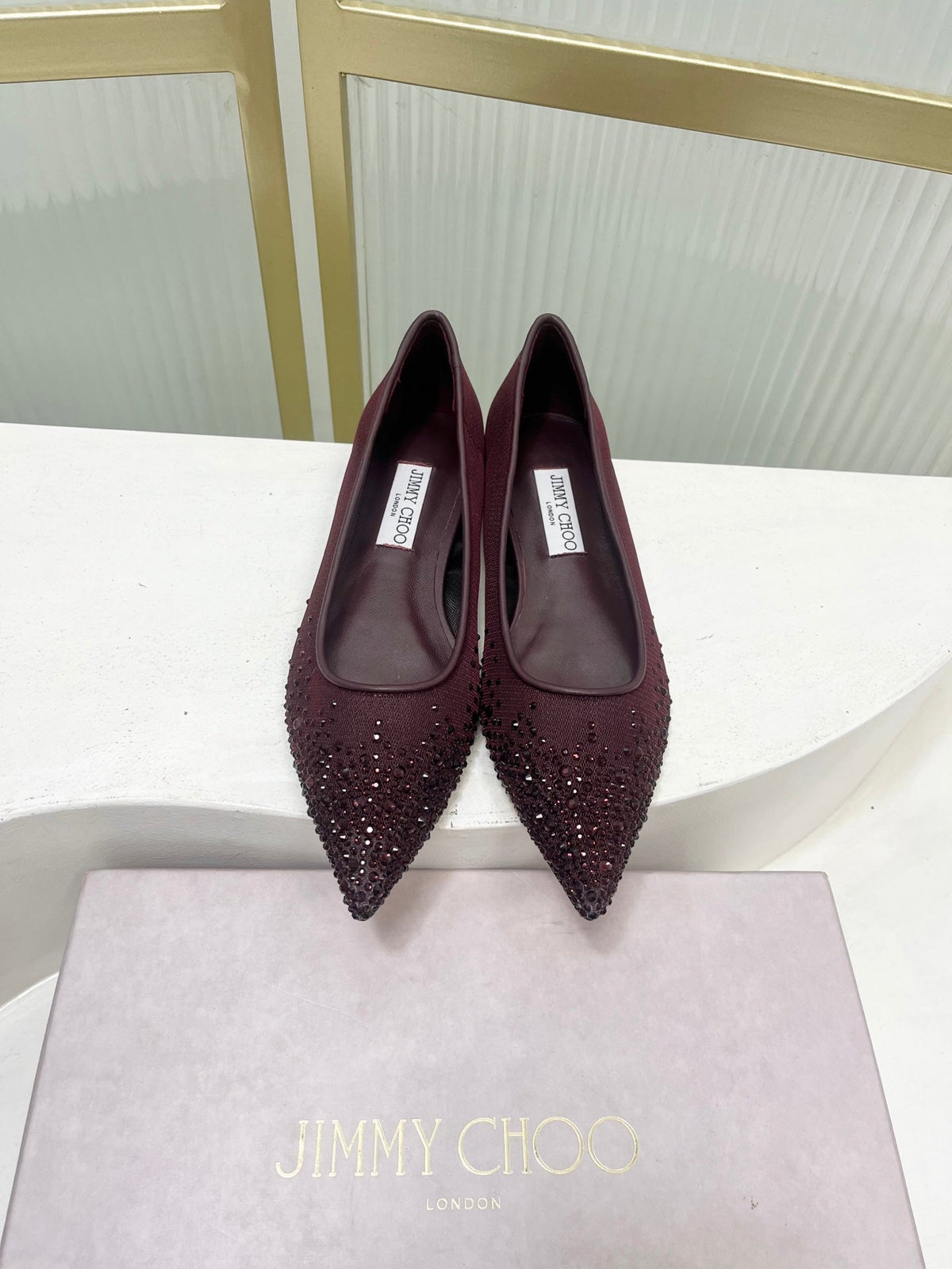Jimmy 26s Ballet Flats Burgundy Rhinestones Mesh Sheepskin 605980