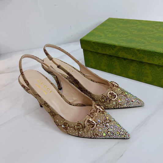 GG 26 Slingback Rhinestones Beige Brown Fabric 592425