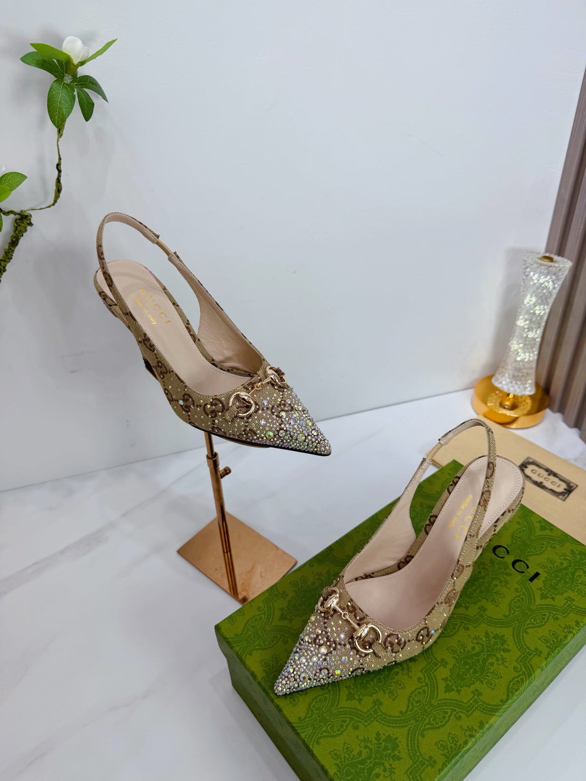 GG 26 Slingback Rhinestones Beige Brown Fabric 592425