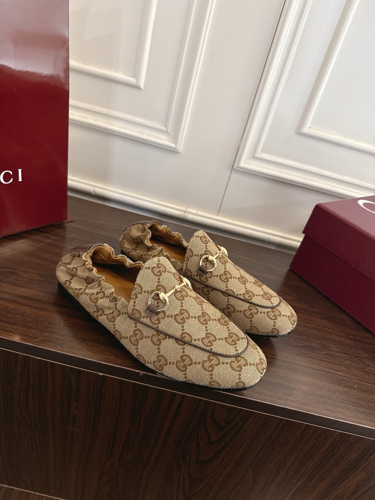 GG 26SS Loafers Beige Brown Monogram Canvas Leather 645954