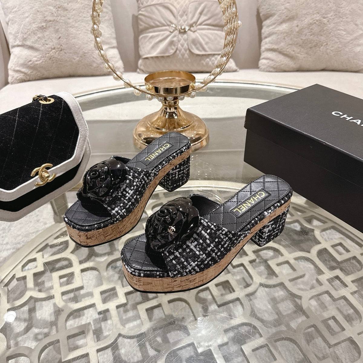 CC 26s Camellia Platform Slippers 65 Black White Tweed Leather 627055