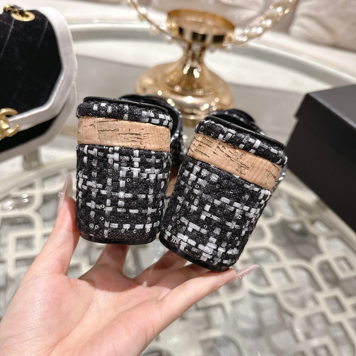 CC 26s Camellia Platform Slippers 65 Black White Tweed Leather 627055
