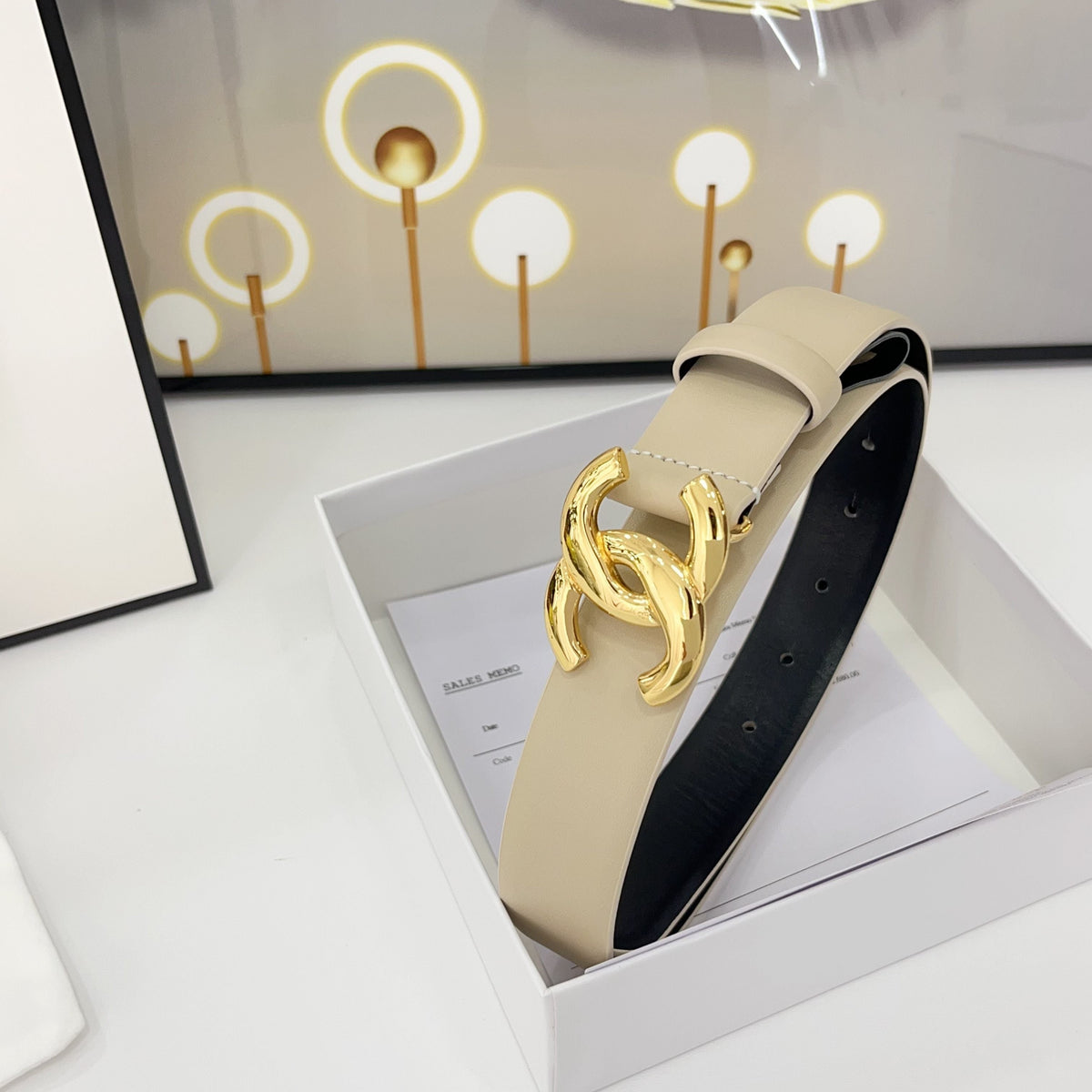 DOUBLE C BELT 30MM IN BEIGE CALFSKIN WITH SHINY GOLD BUCKLE