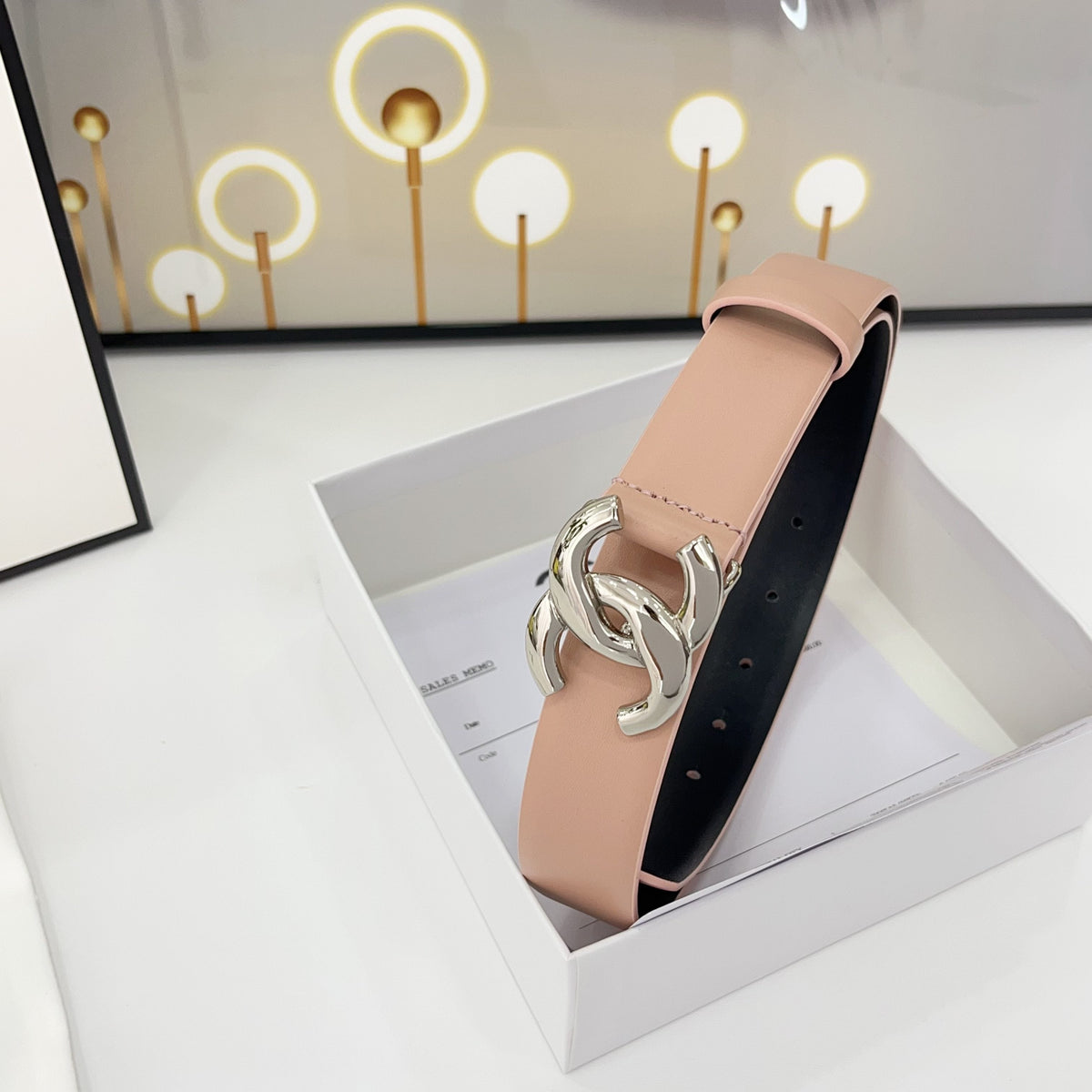 DOUBLE C BELT 30MM IN BABY PINK CALFSKIN WITH SHINY SILVER BUCKLE