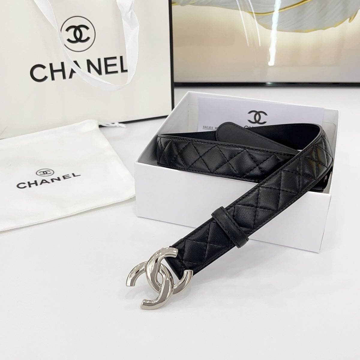 DOUBLE C BELT 30MM IN BLACK QUILTED LEATHER WITH SILVER BUCKLE