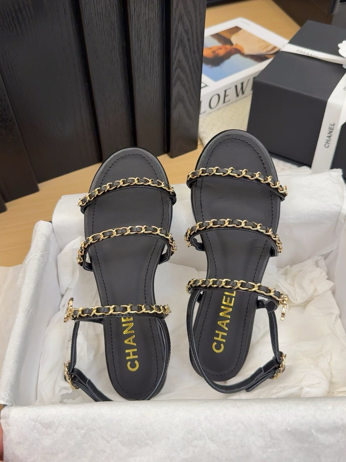 THREE-STRAPS SANDALS IN BLACK CALFSKIN WITH GOLD HARDWARE