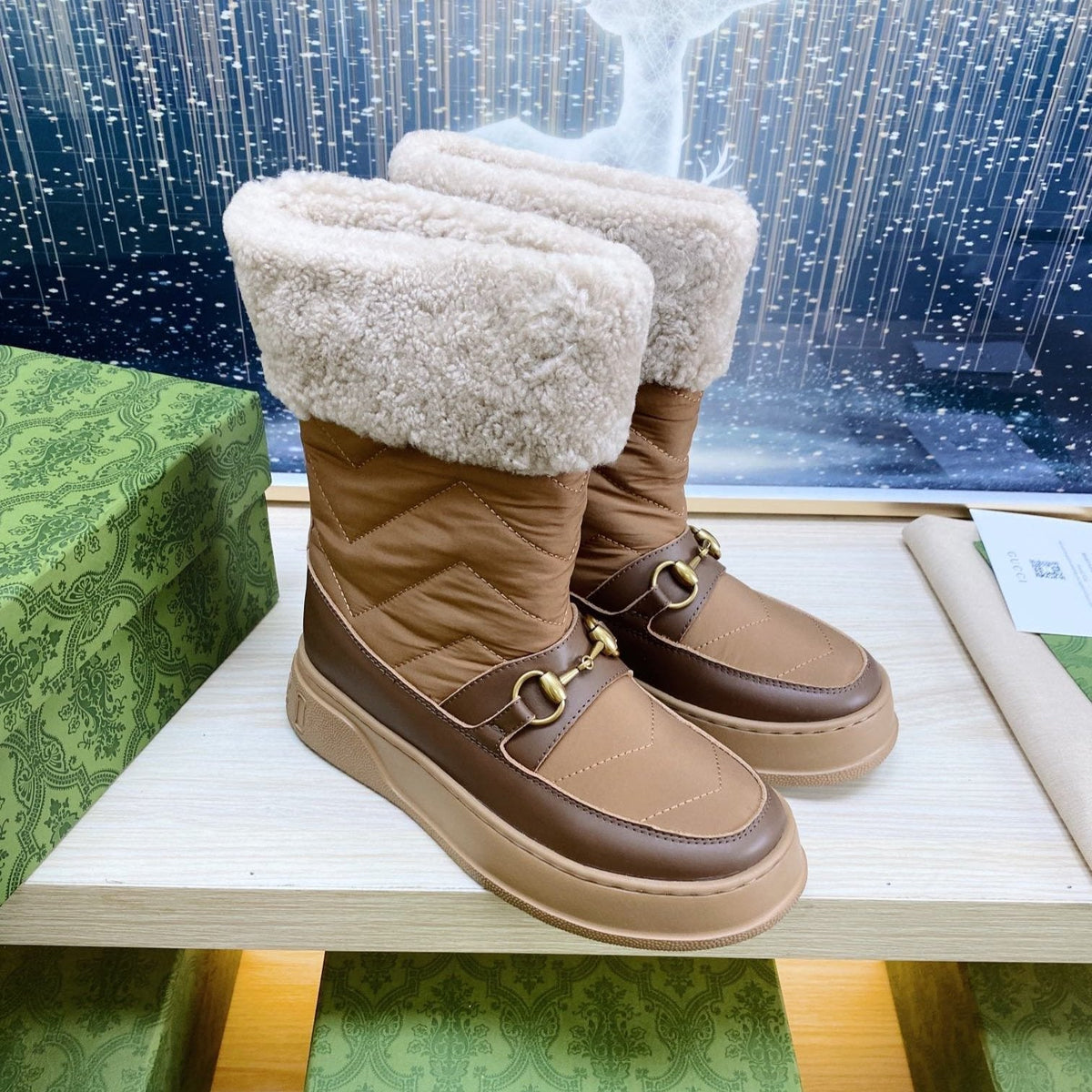 HORSEBIT ANKLE BOOTS WITH MERINO TRIM IN BROWN NYLON MIX CALFSKIN