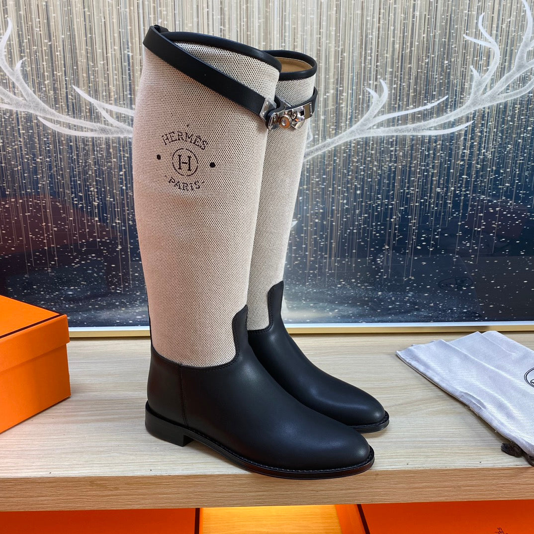 KNEE HIGH BOOTS IN BLACK CALFSKIN AND WHITE FABRIC