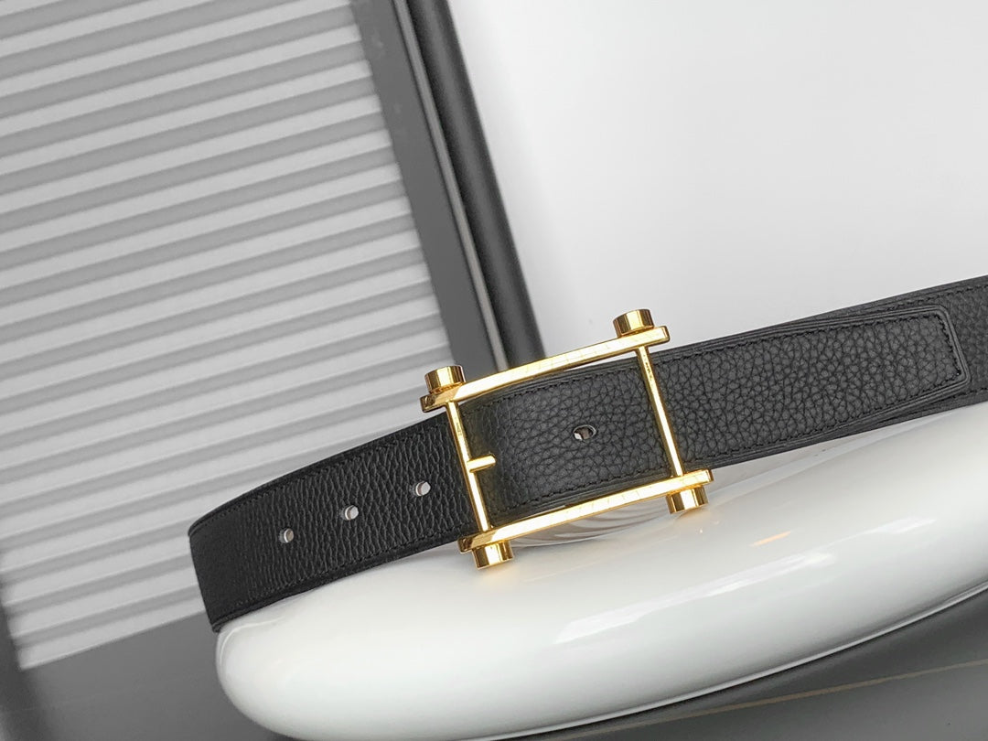 HM REVERSIBLE BLACK AND BLACK AND KHAKI BROWN LEATHER STRAP 32 MM GOLD HARDWARE
