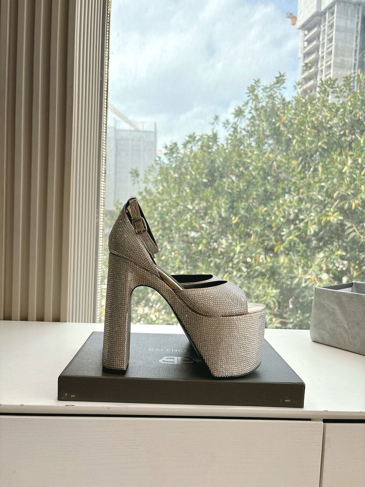 PLATFORM ANKLE STRAP HEELS IN BEIGE METALLIC ATTACHED RHINESTONES CALFSKIN